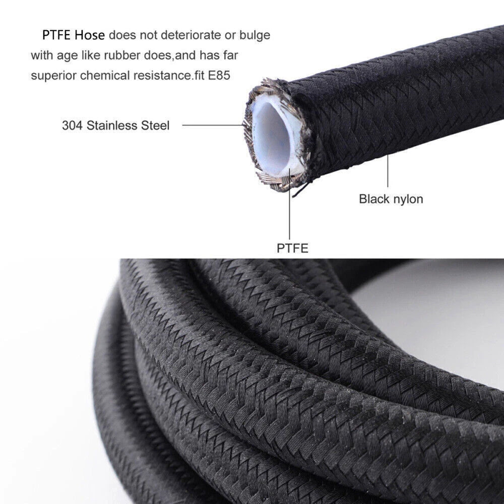 20FT 6AN-8AN-10AN Black Nylon E85 PTFE Fuel Line Hose Kit w/14 Fittings