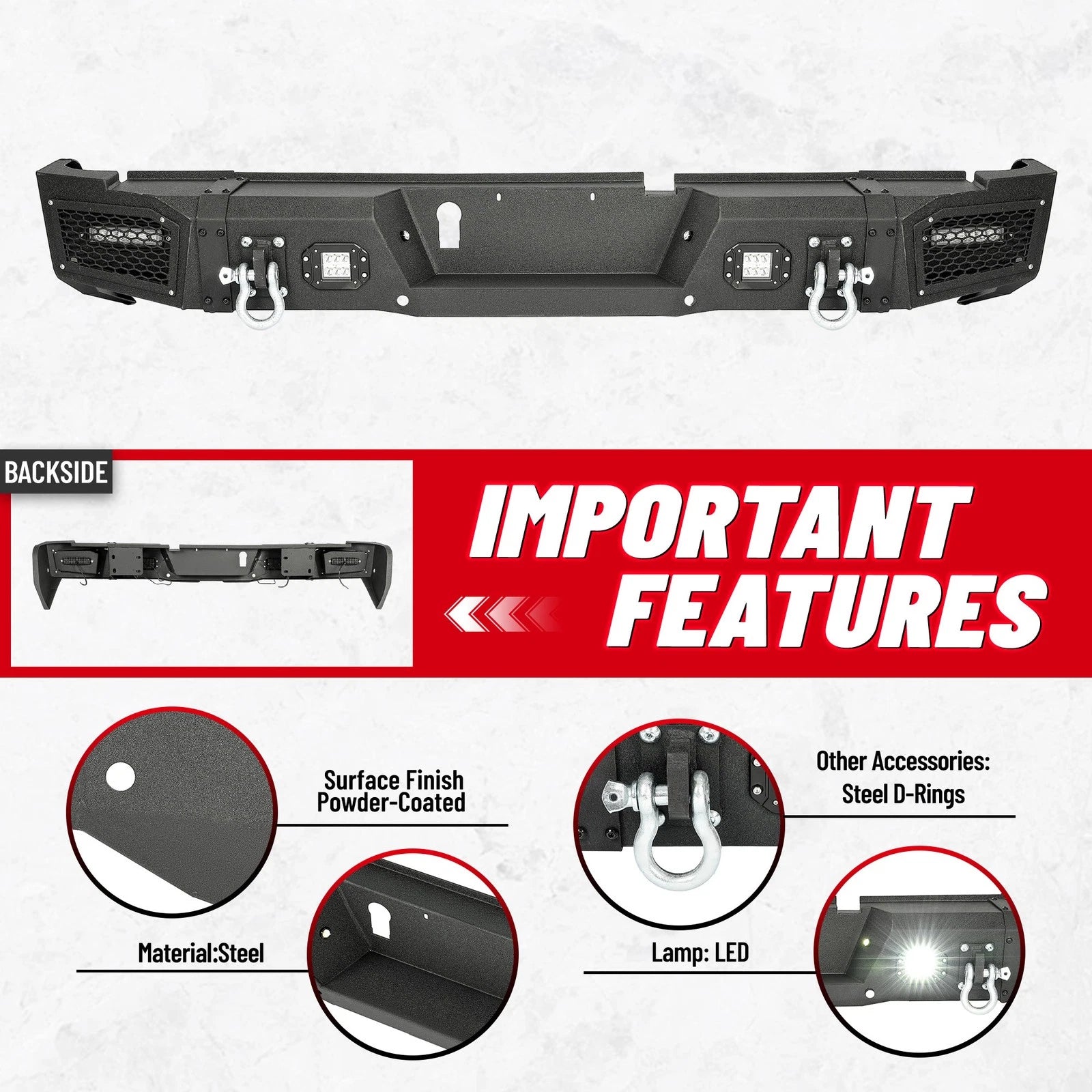 Steel Rear Bumper for Dodge Ram 2500 3500 (2019–2023) w/ Sensor Holes, LED