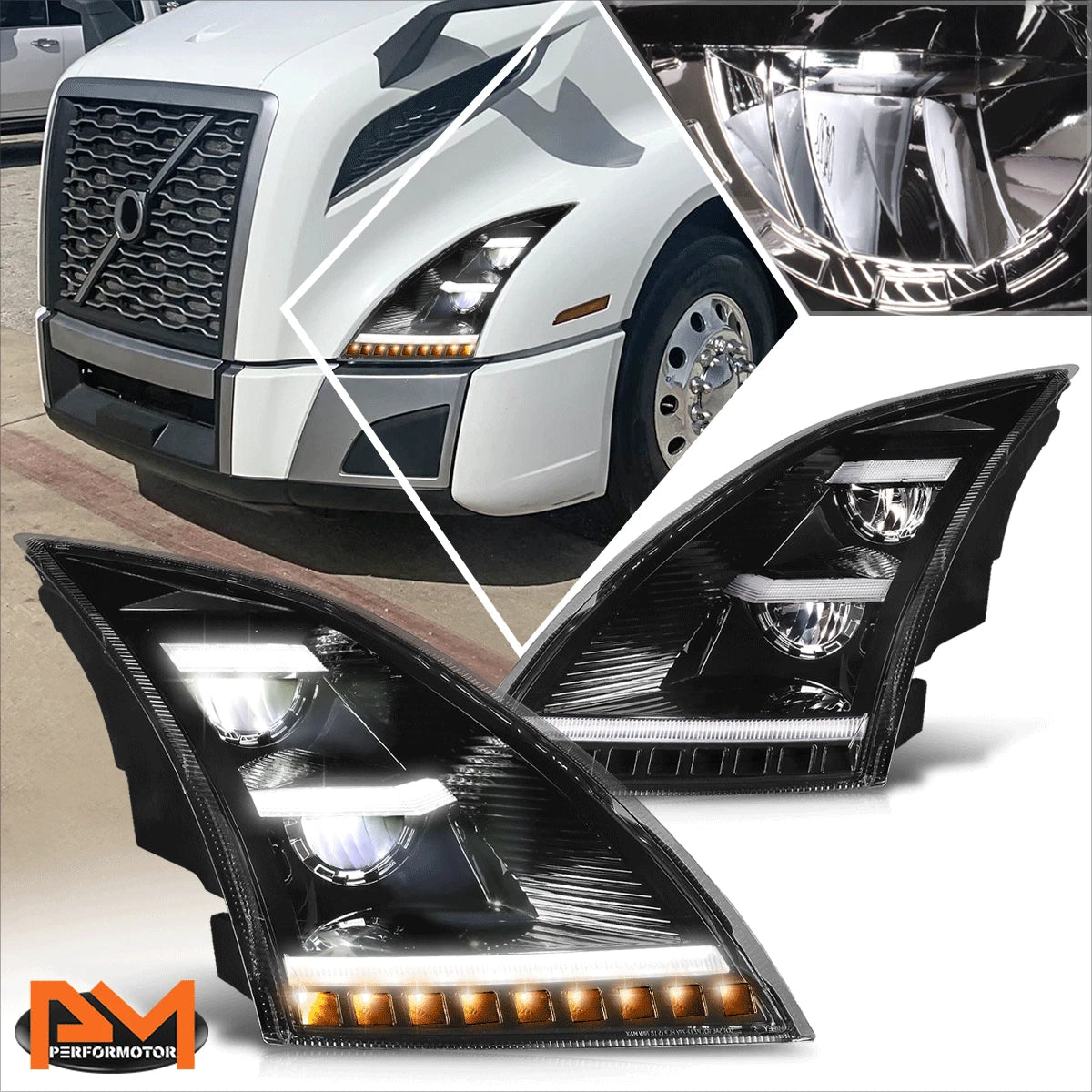 LED DRL Sequential Amber Turn Signal Headlights for Volvo VNL VNR (2018–2024)