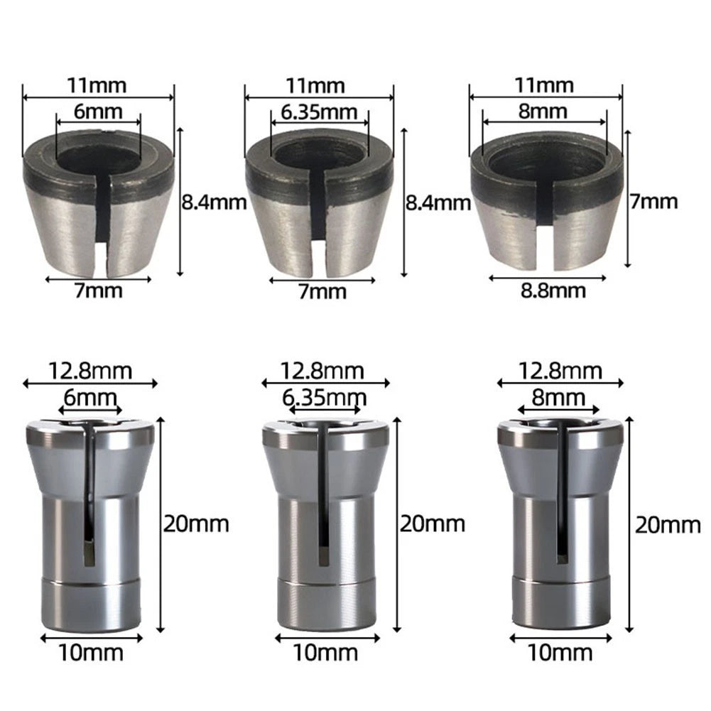 Set of 6 Collet Chuck Adapters for Engraving Router Trimmer (6mm/6.35mm/8mm)