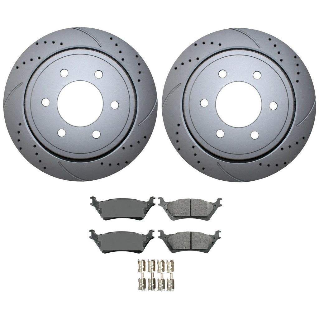 Rear Brake Kit 348mm Drilled Rotors & Akebono ProACT Pads for Ford F-150 (2015–2023)