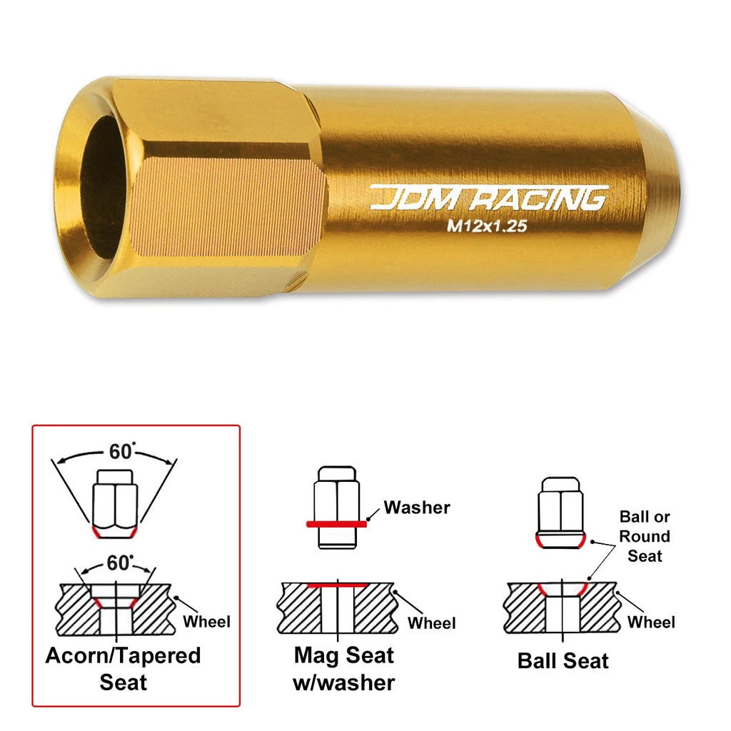 Set of 20 M12X1.25 Gold JDM Open End Aluminum Hex Lug Nuts + Spline Locks