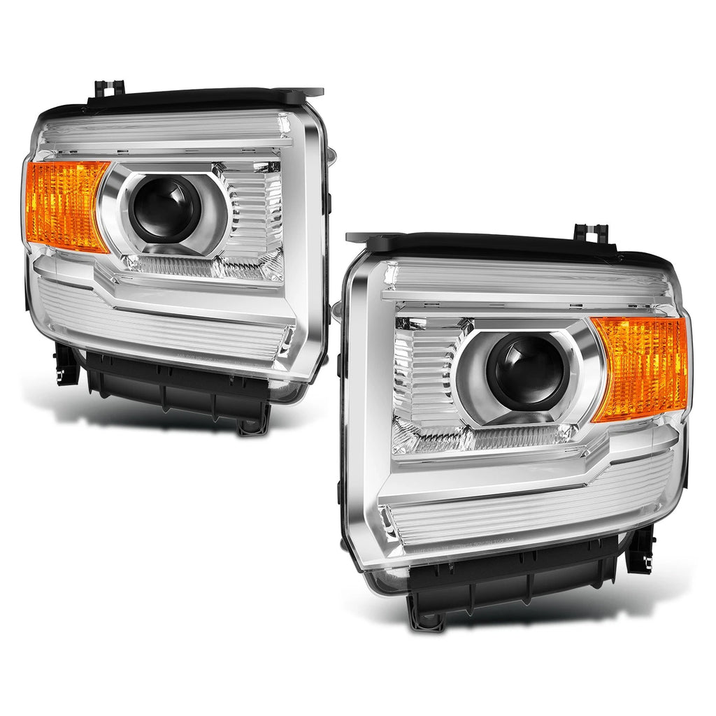 Projector Headlight for GMC Sierra Pickup (2014–2018) - Chrome Housing, Amber Corner