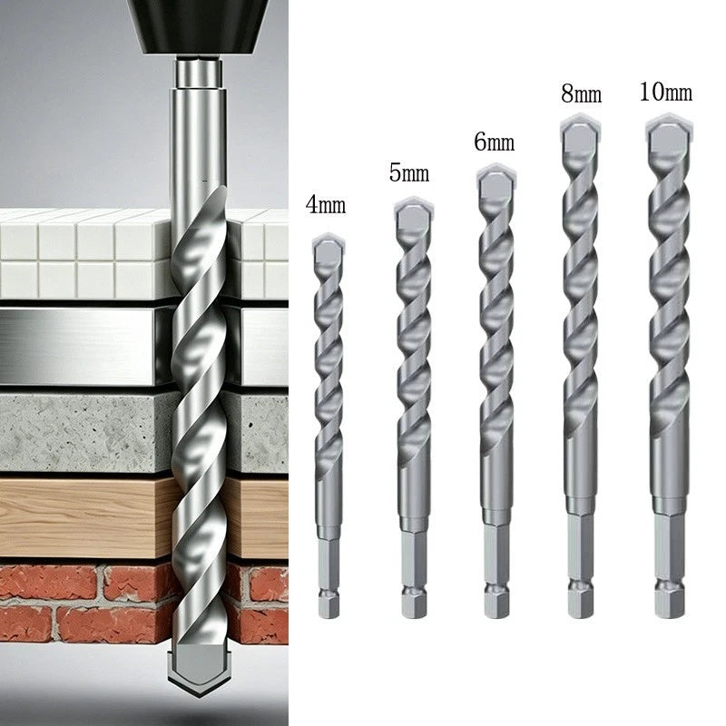 Set of 5 Carbide Masonry Drill Bits Hex Shank for Hard Material (4mm-10mm)