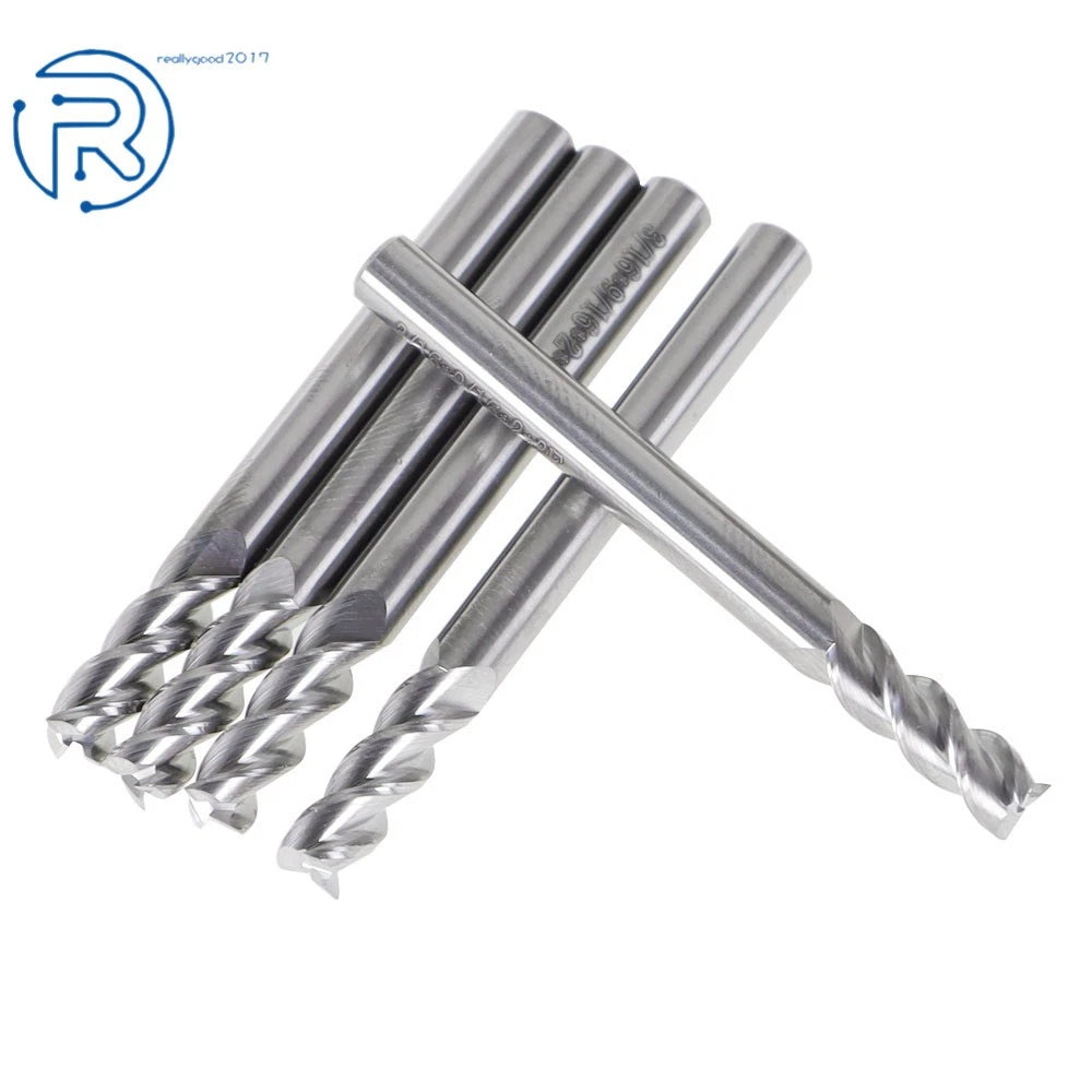 Set of 5 Carbide End Mills for Various Applications (3/16" Flute, 2" Length)