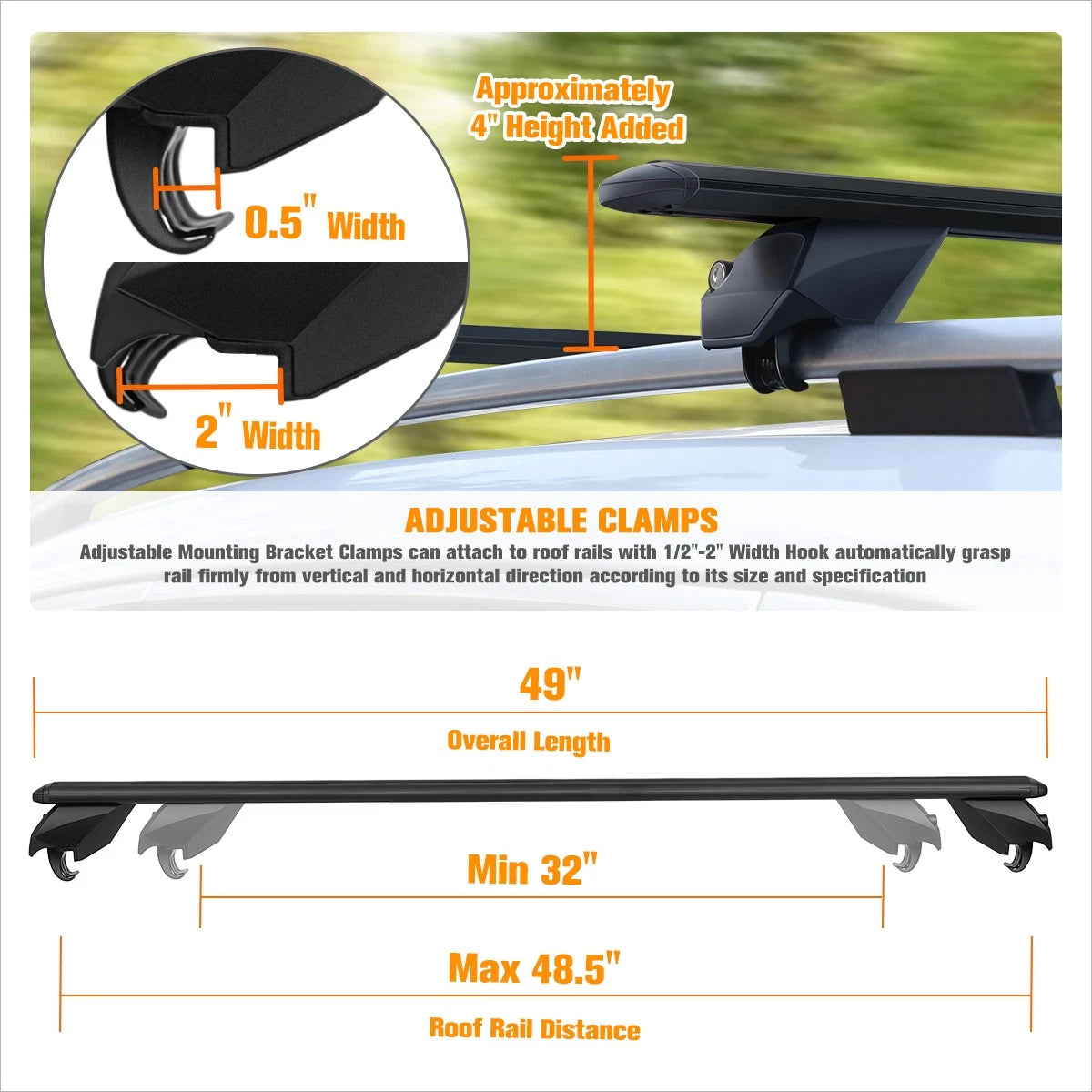 2X Adjustable Aluminum Roof Rack Cross Bars for