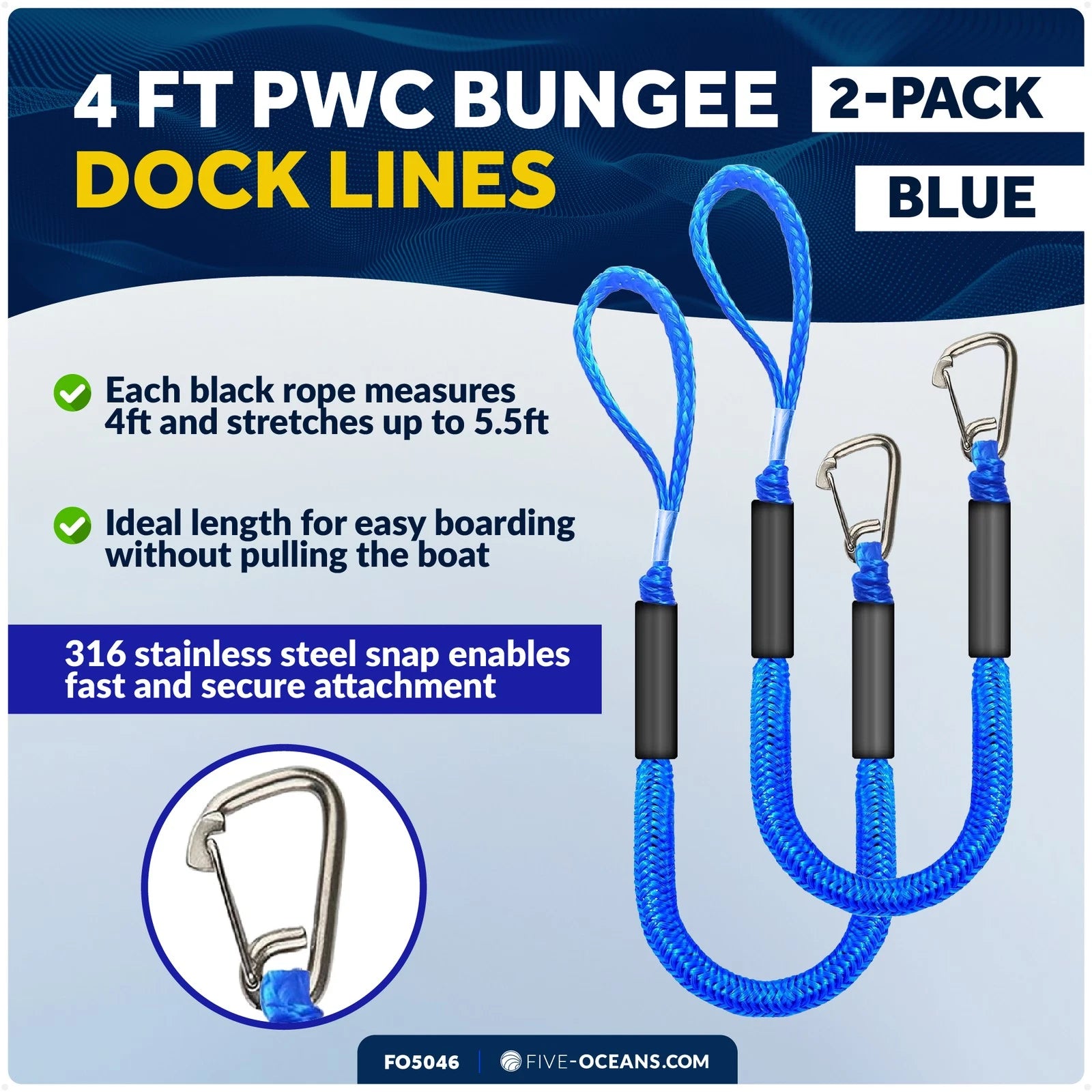 Set of 2 Bungee Dock Lines for Boats, 316 Stainless Steel Clips, 4 ft