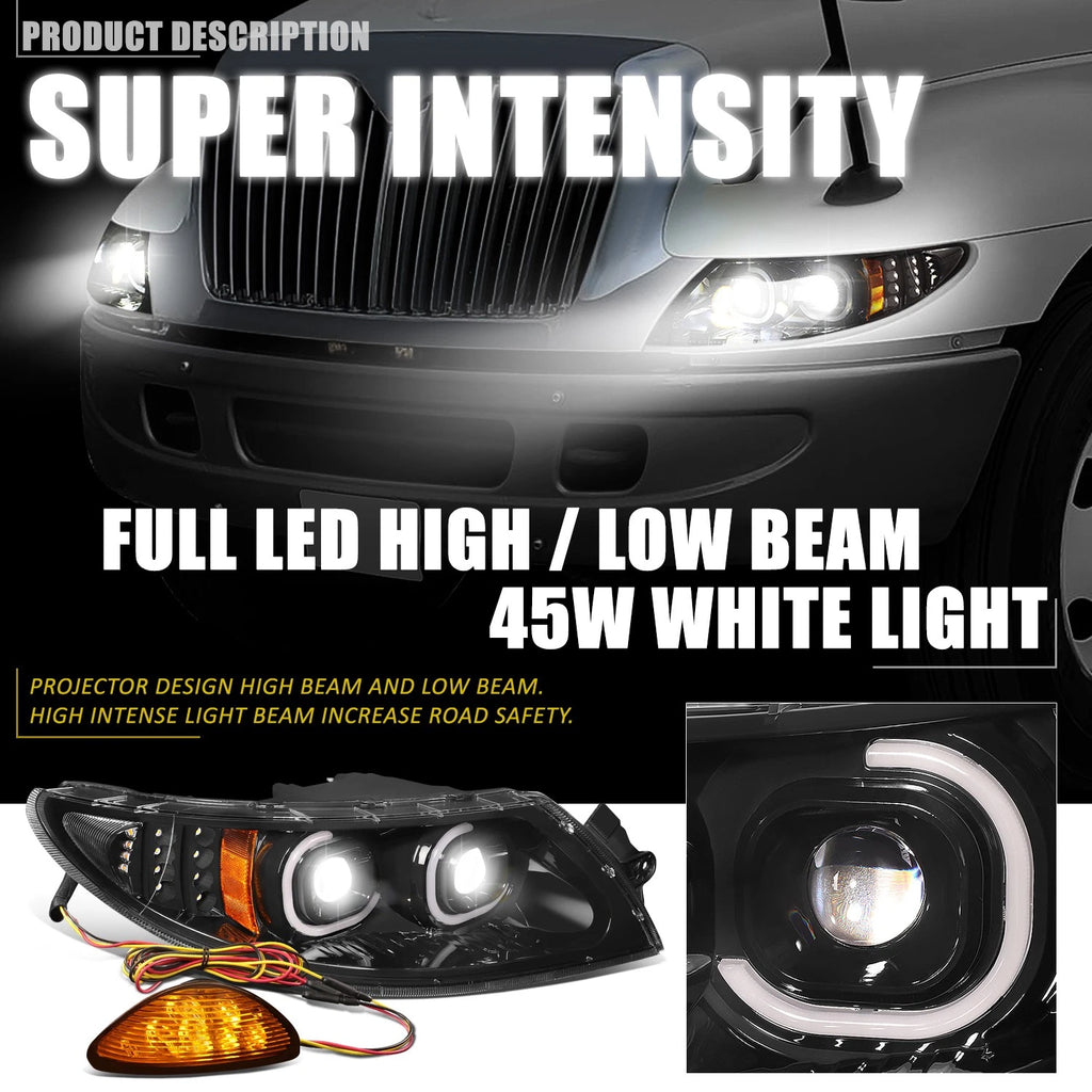 LED DRL Projector Headlights + Side Marker for International 4300 4400 8500 (2002–2016)