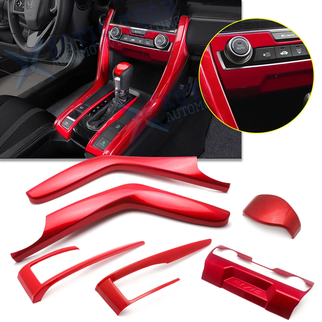 Red AC Climate Control & Gear Shift Knob Cover Trims for Honda Civic (2016–2020)