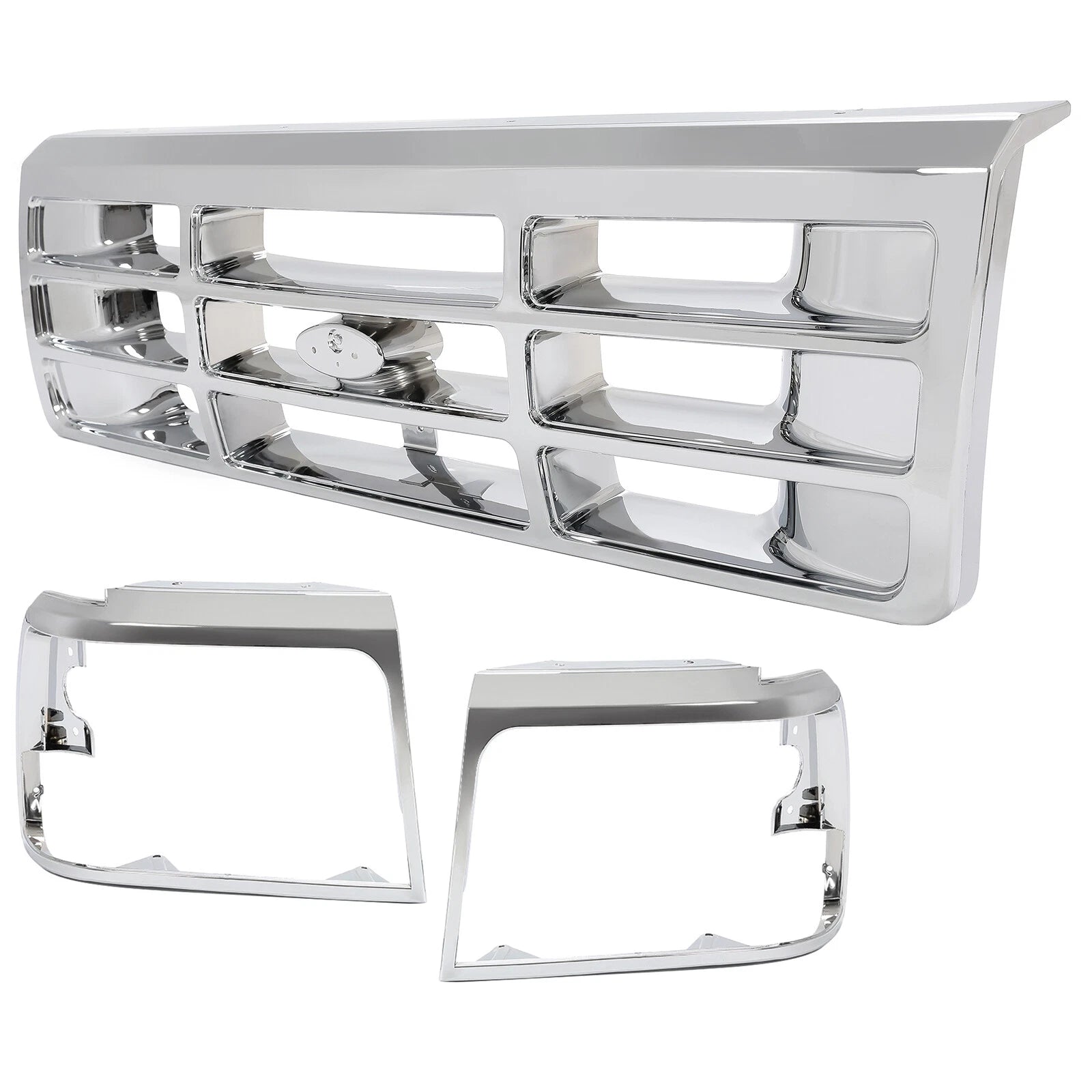 Chrome Mesh Grille Headlight Bezels for Ford F150 F250 F350 Bronco (1992–1997)