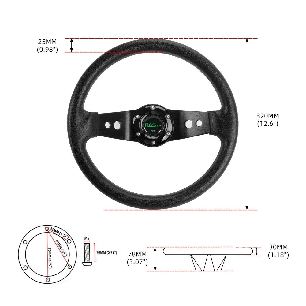 Flat Dish Racing Steering Wheel 6 Hole 2-Spoke for Universal Fit (320mm)