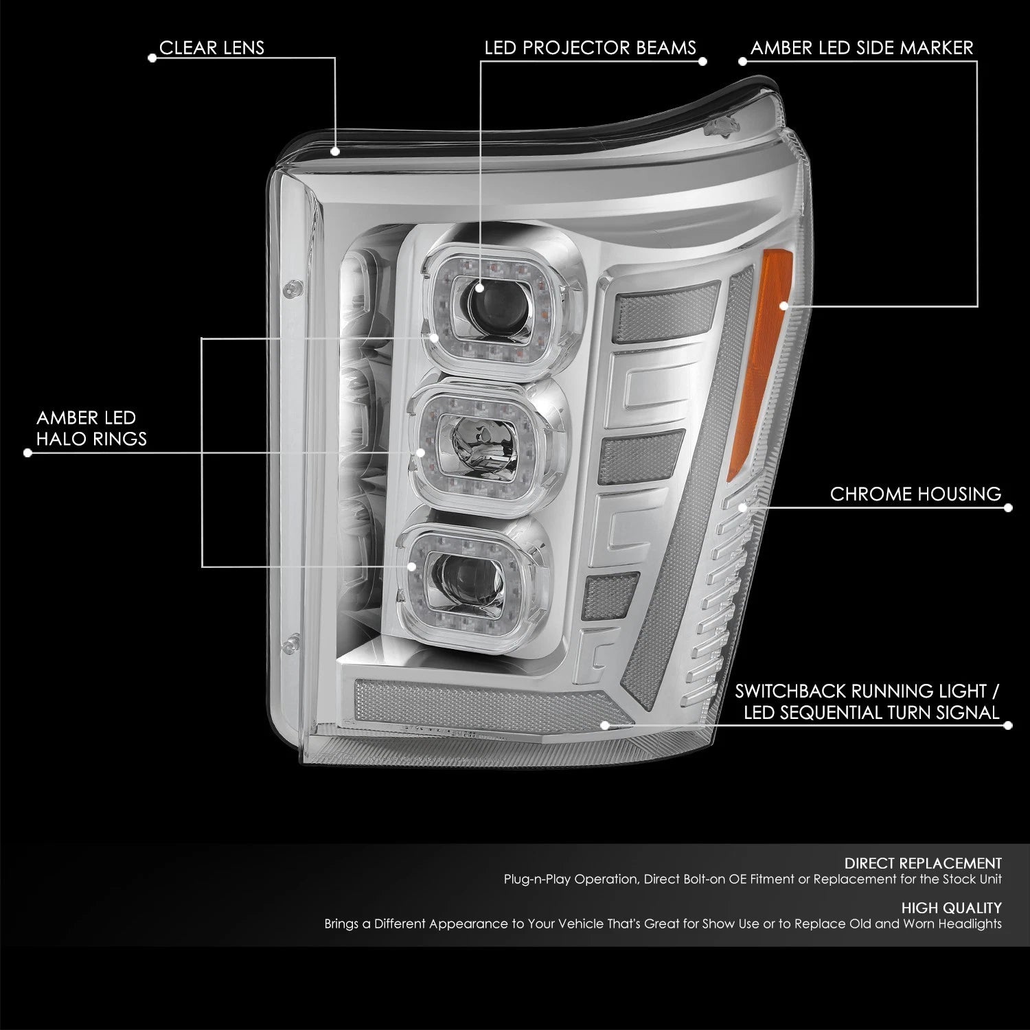 Sequential LED Light Bar Headlight for Ford F250 SD (2011–2016) - Chrome Amber
