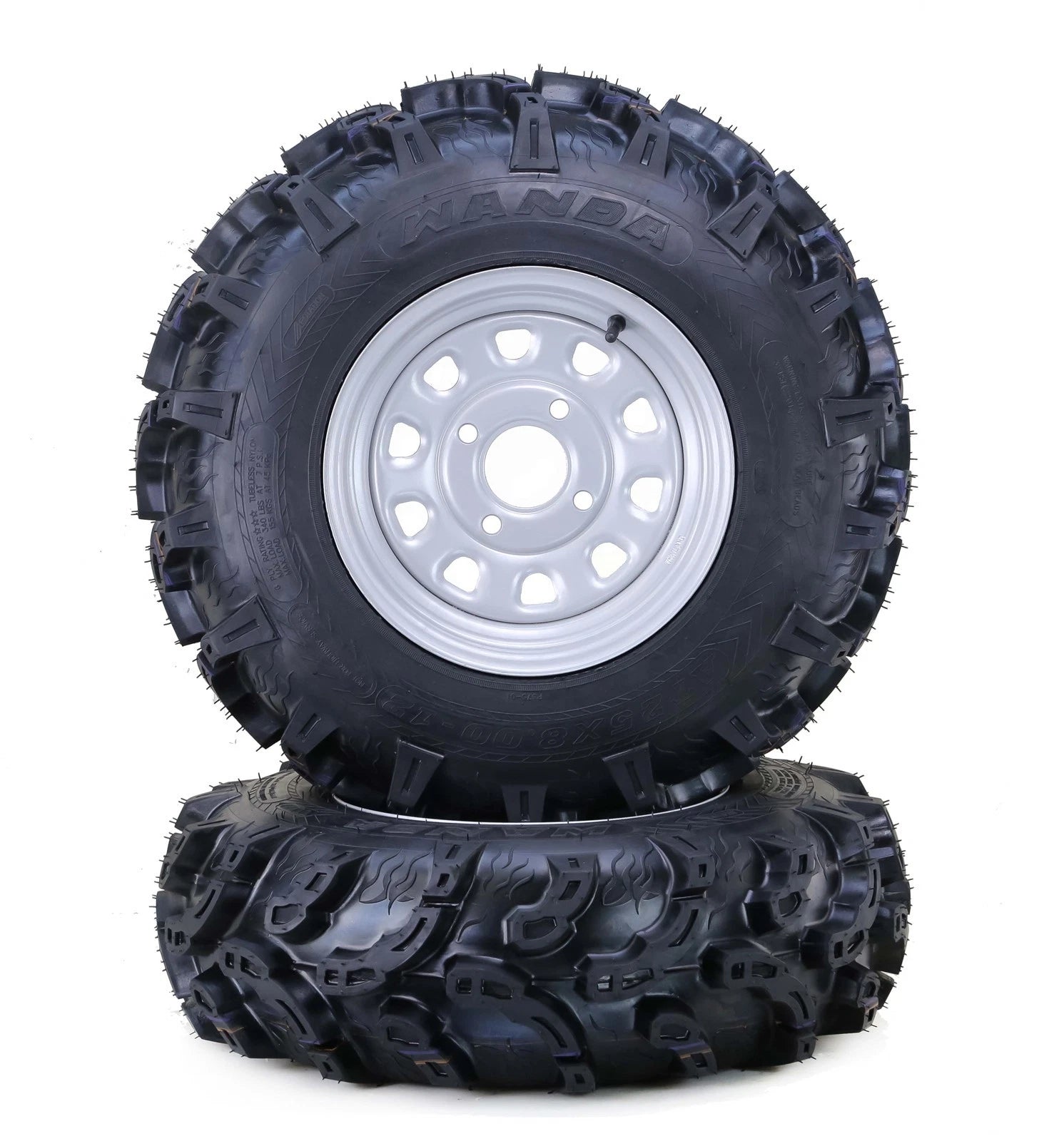 Set of 2 WANDA ATV Tires 26x9-12 Super Mud with 4-110 PCD 5+2 Silver Wheel