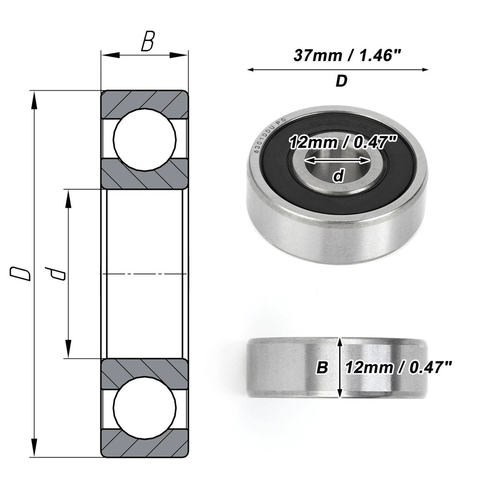 Deep Groove Ball Bearing 6301DDU for Scooter Skateboard (12x37x12mm)