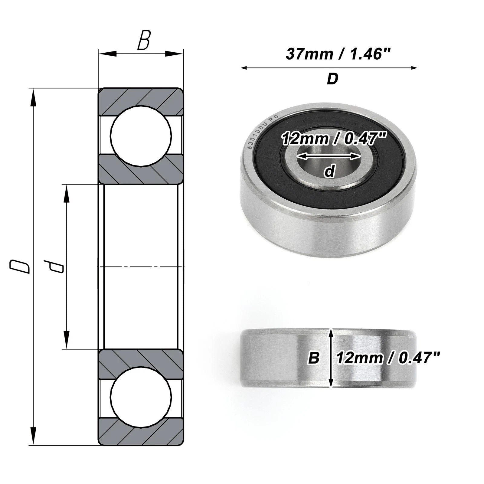 Deep Groove Ball Bearing 6301DDU for Scooter Skateboard (12x37x12mm)