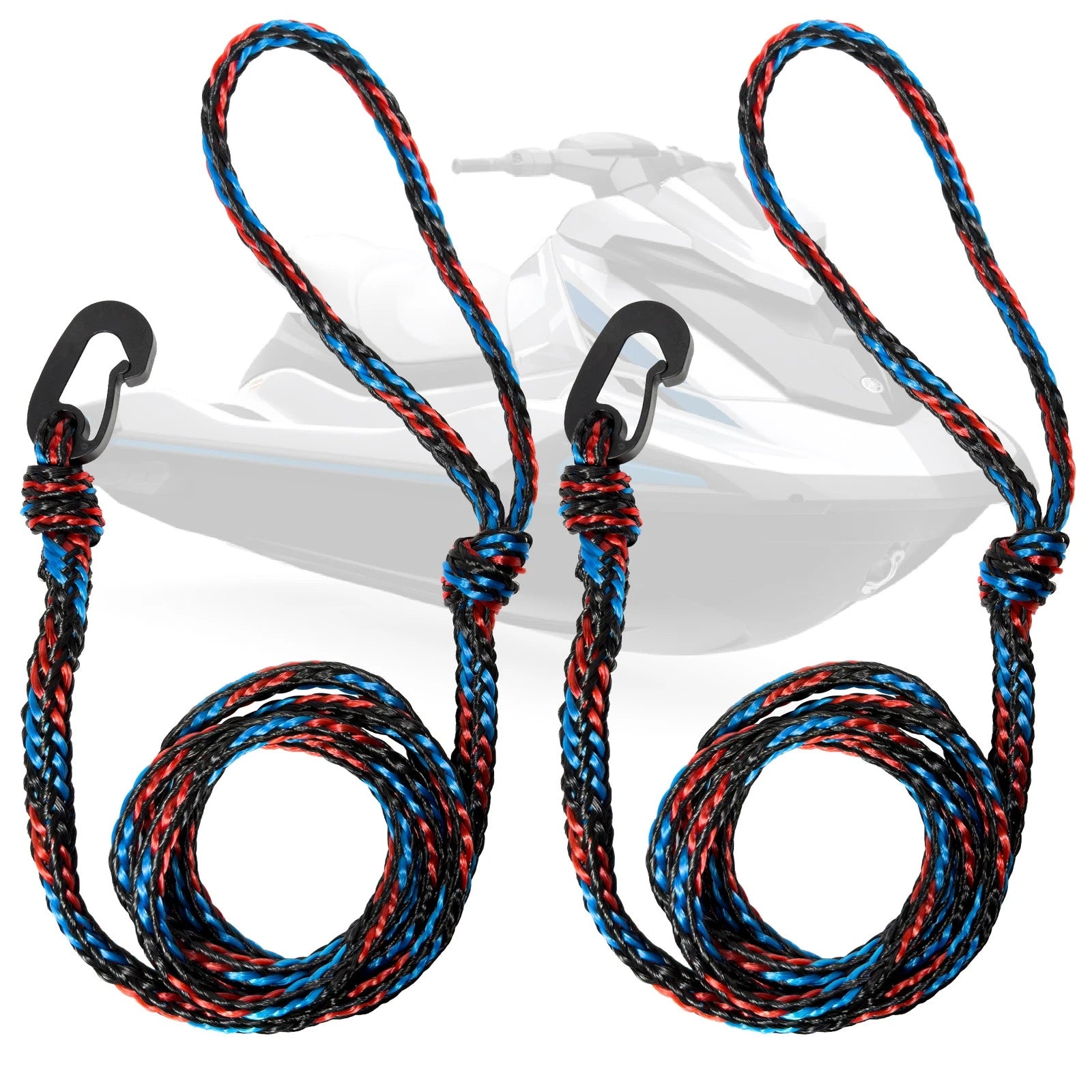 2X 1/2" x 7 ft PWC Dock Lines for Boats with Giant Snap Hook - Black, Red & Blue