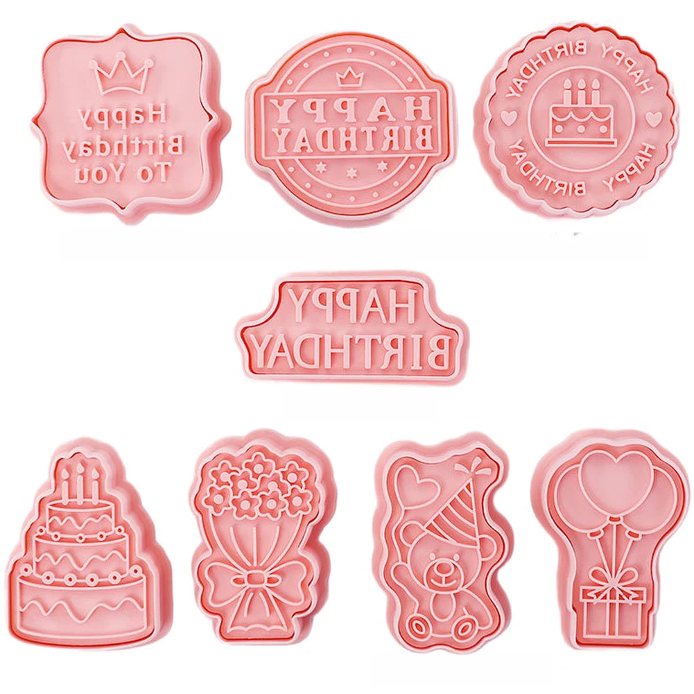 Set of 8 Cartoon Happy Birthday Cookie Cutters - Food Safe PP Baking Tool