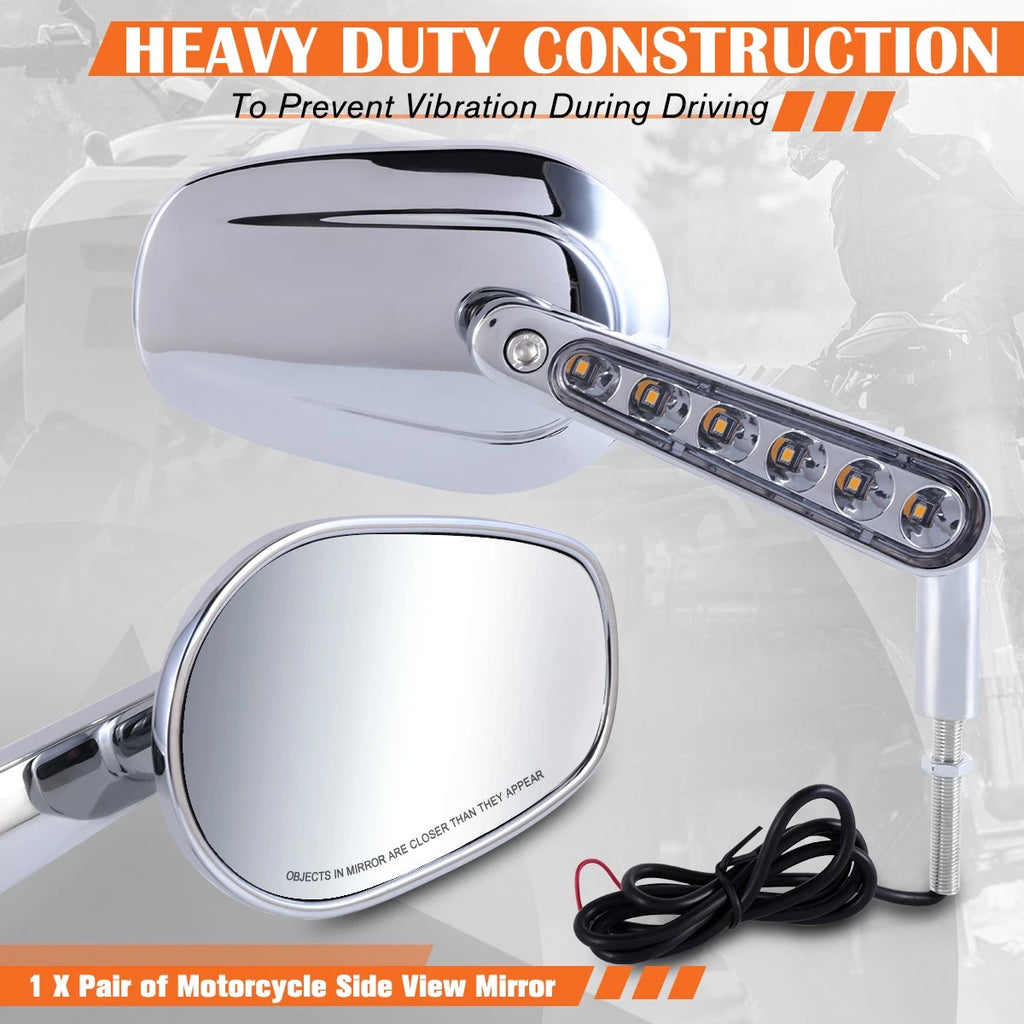 Universal Oval Side Mirrors with LED Signals Chrome for Naked Bike Cruiser