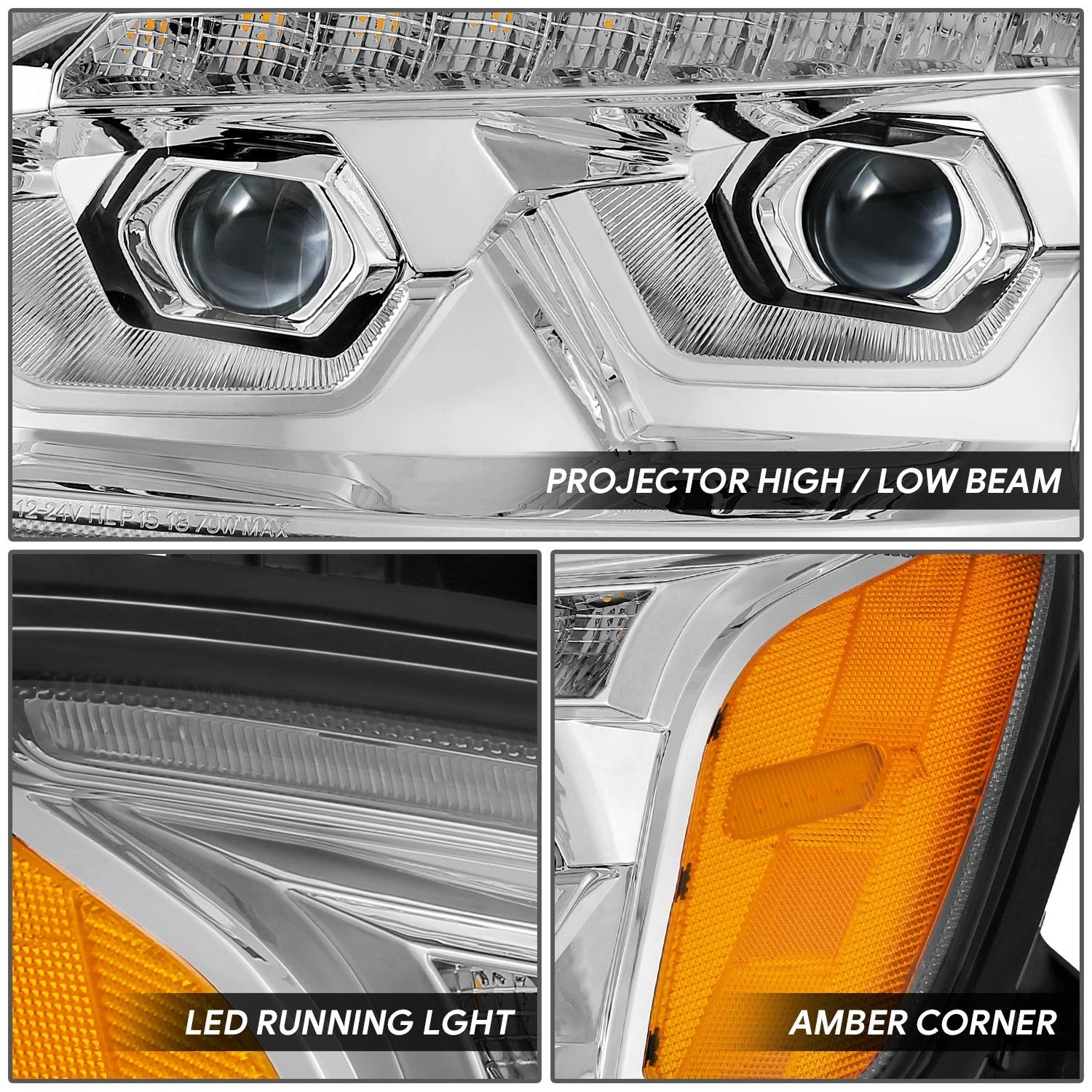 LED Sequential Chasing Projector Chrome Amber Headlights for Kenworth T660 (2008–2017)