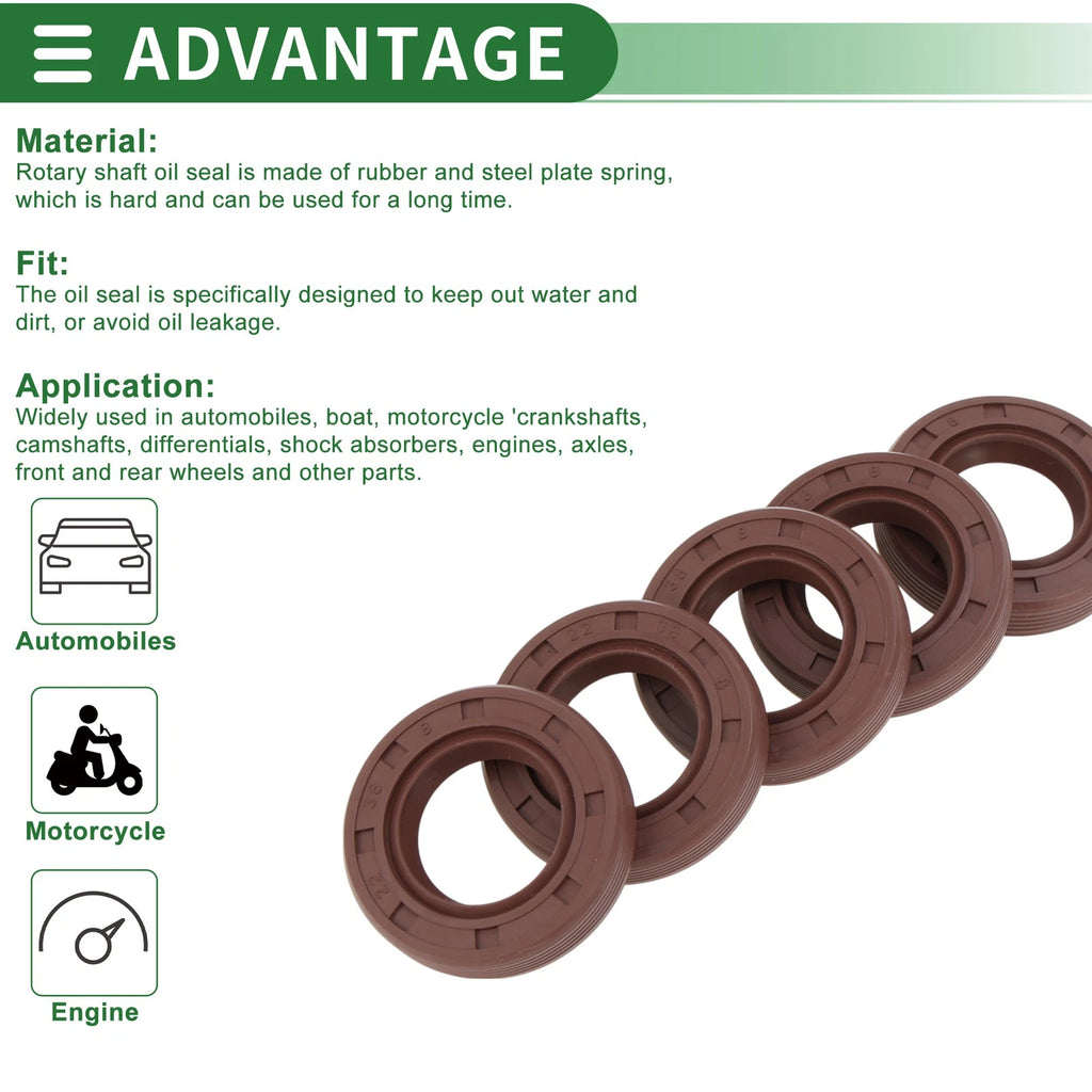 Set of 5 Oil Seals for Various Models (22x38x8mm, FKM Rubber)