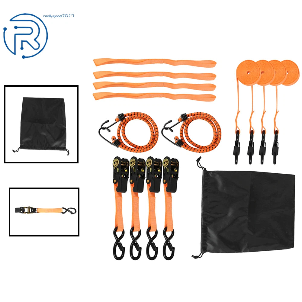 Set of 4 Orange Steel 2200 LB Ratchet Tie Down Straps with Break Lock S Hooks
