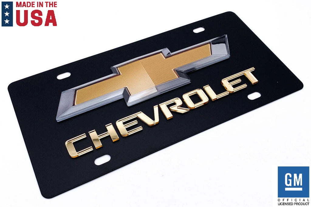 3D Premium Chevrolet Bowtie Gold Script Logo Black License Plate for Chevy (2000–2024)