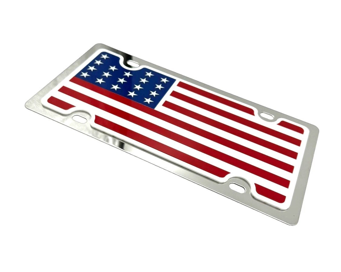 Chrome License Plate with American Flag Design for Universal Fit (Any Year)