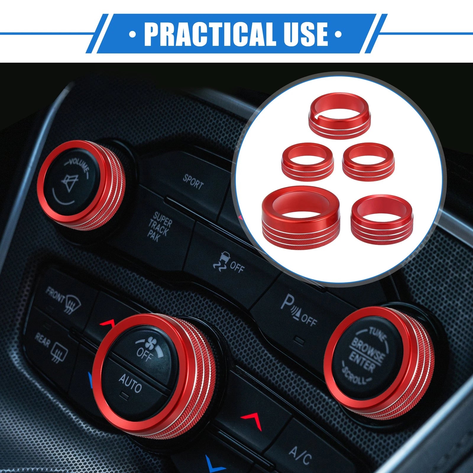 5 Pcs AC Climate Control Knob Ring for Chrysler 300, Dodge Challenger (2005–2023) Red