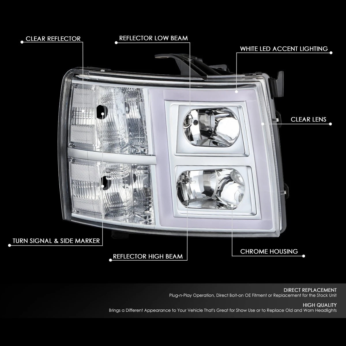Chrome Housing Headlight Headlamp w/LED Bar for Silverado 1500 2500HD 3500 (2007–2014)