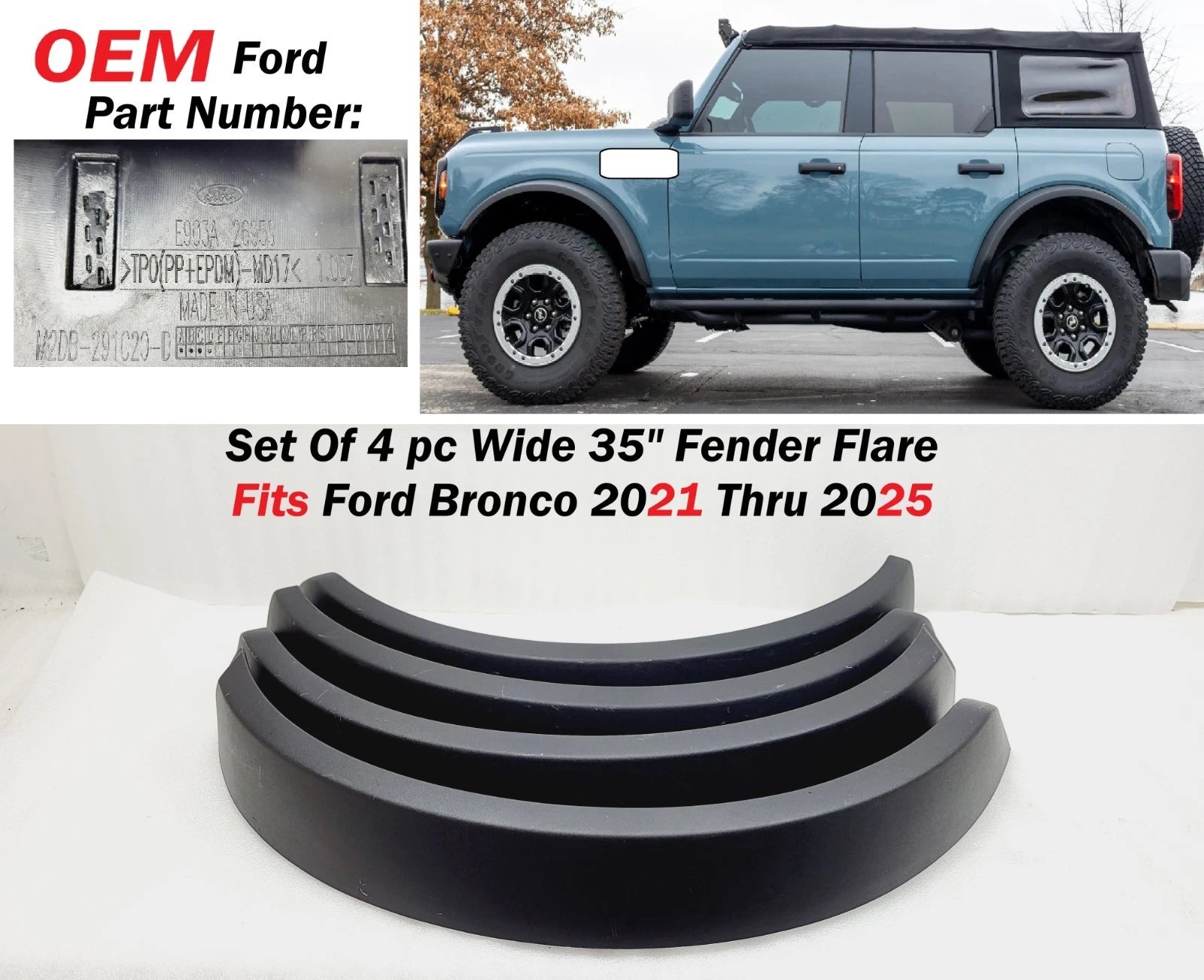 Set of 4 Fender Flares for Ford Bronco (2021–2025) OEM 35" Wheel Arch Molding