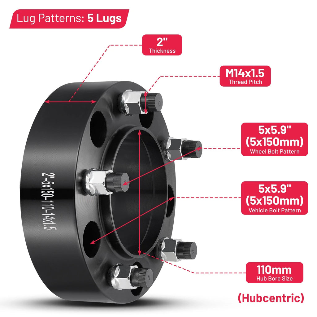2" 5x150 14x1.5 Hubcentric Wheel Spacers for Lexus LX570 Toyota Sequoia (2010–2024)