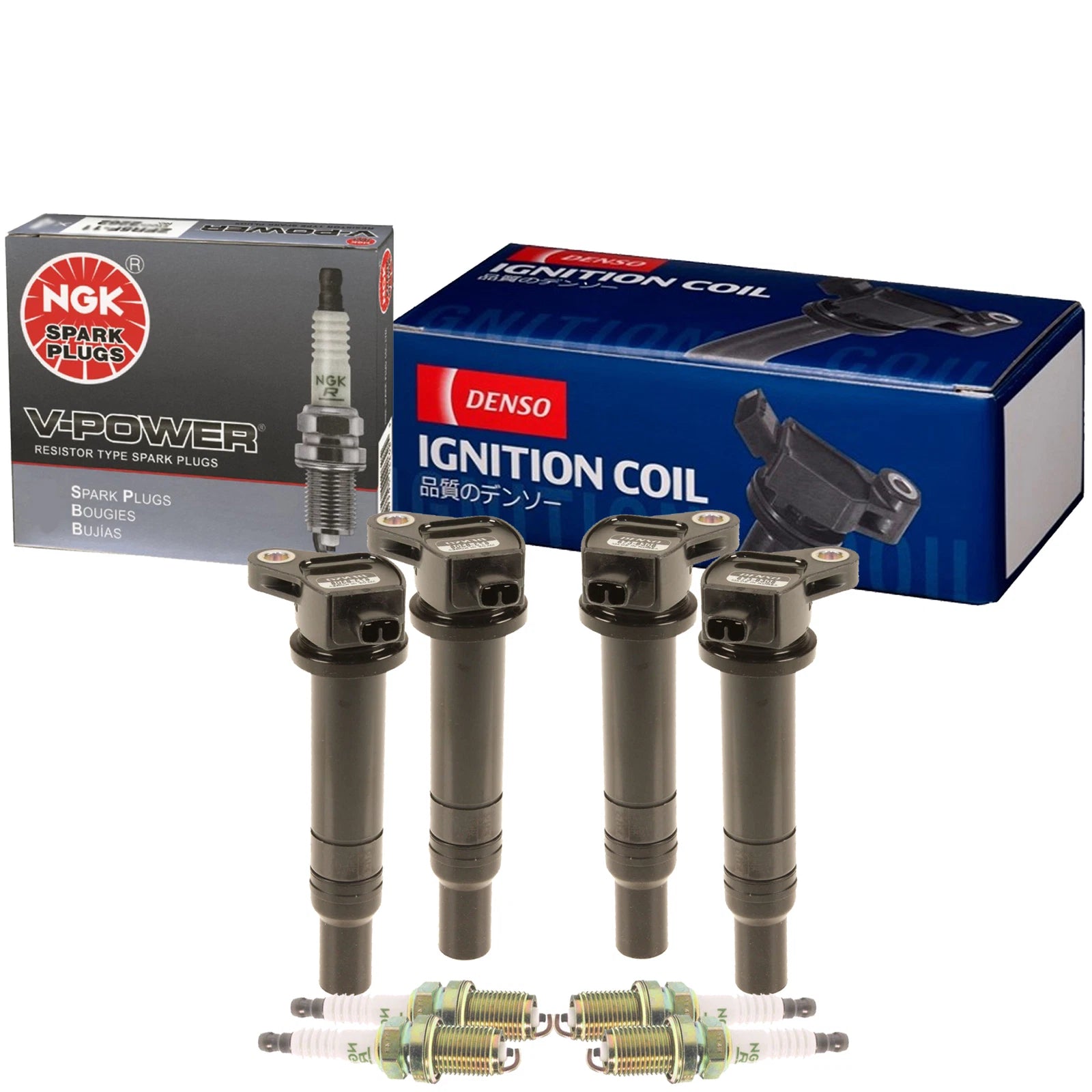 Set of 4 Denso COP Ignition Coils & NGK VPower Spark Plugs for Hyundai Kia (1.6 L4)
