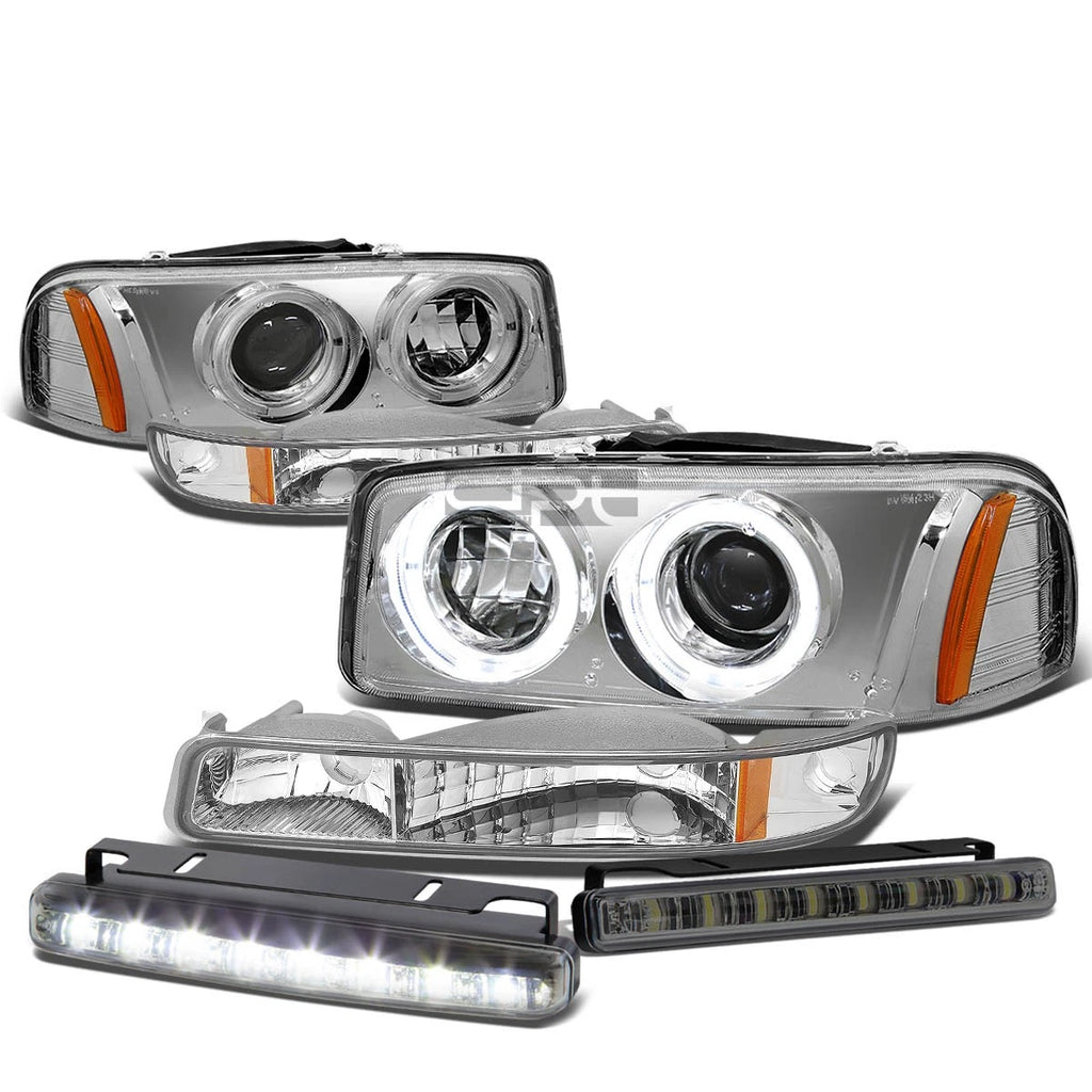Set of 3 Chrome Dual Halo Projector Headlights + Bumper + Fog Lights for Sierra/Yukon (1999–2006)