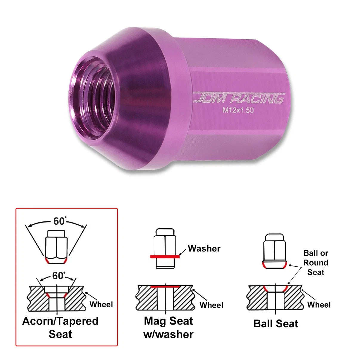 20Pc M12X1.5 Purple JDM Closed End Acorn Hex Wheel Lug Nuts + Extension 25mmx35mm