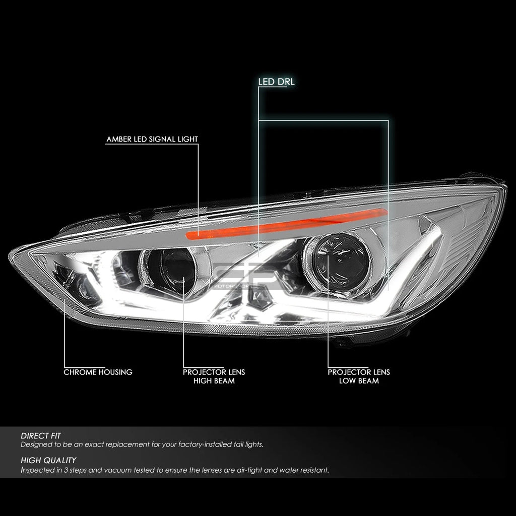 LED Dual Halo Projector Headlight for Ford Focus (2015–2018) Chrome Amber
