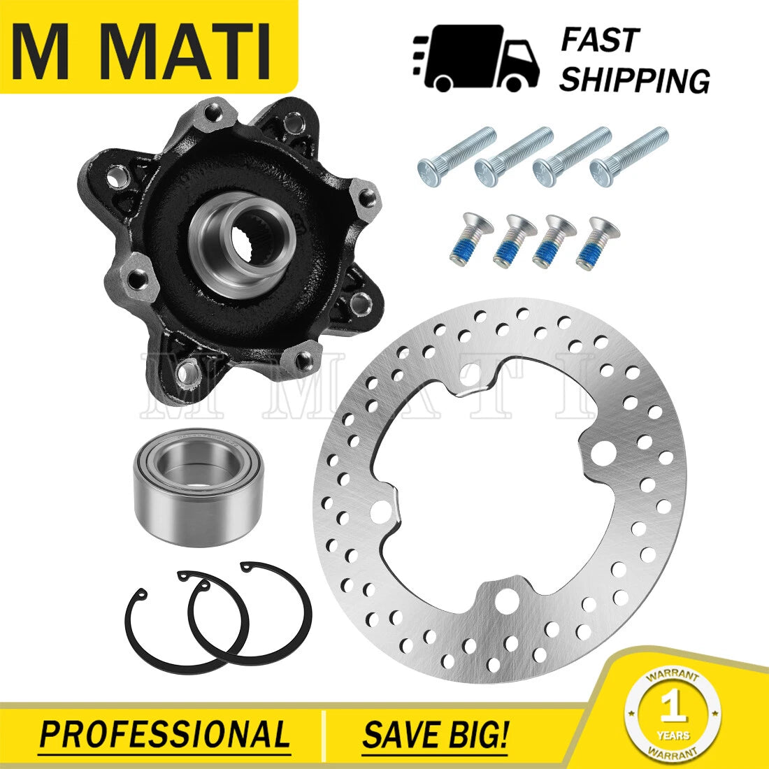 Front Wheel Hub & Bearing Kit & Brake Rotor for Polaris RZR 570 900 800 (2008–2021)