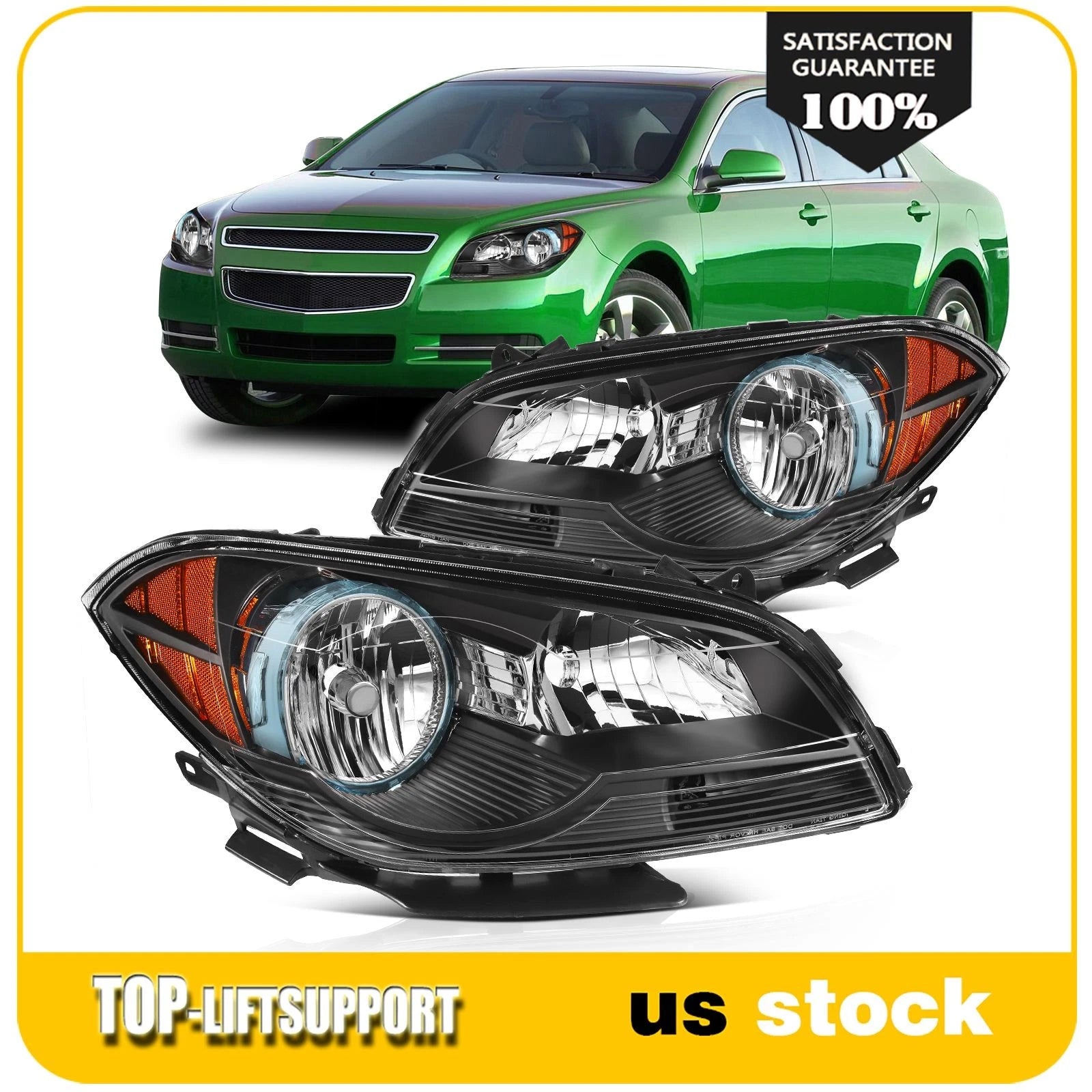 Set of 2 Headlight Assemblies for Chevrolet Malibu (2008–2012) Black Housing