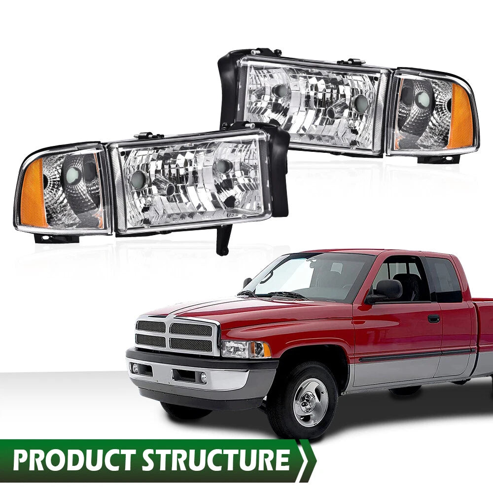 Chrome Amber Corner Headlight Assembly for Dodge Ram 1500 2500 3500 (1994–2002)