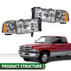 Chrome Amber Corner Headlight Assembly for Dodge Ram 1500 2500 3500 (1994–2002)
