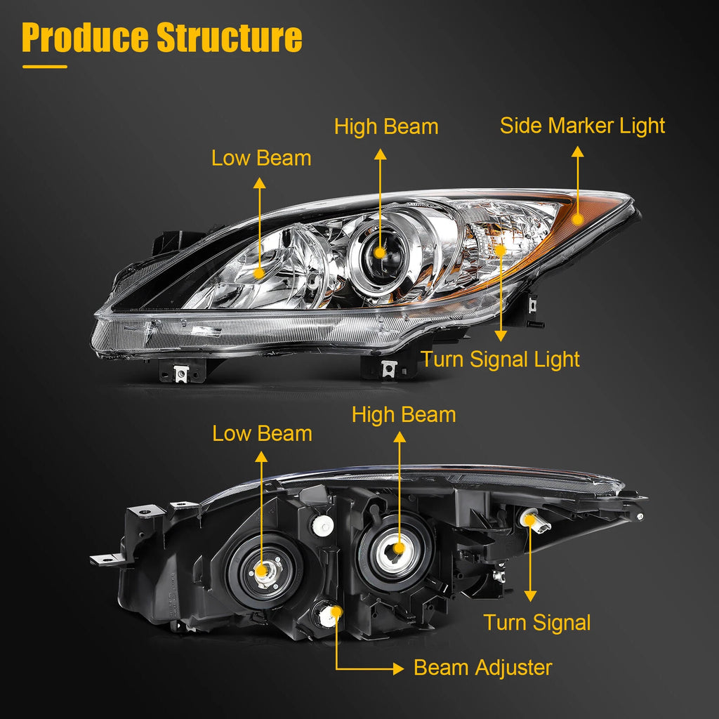 Headlight Assembly for Mazda 3 (2010–2013) Chrome Housing Pair