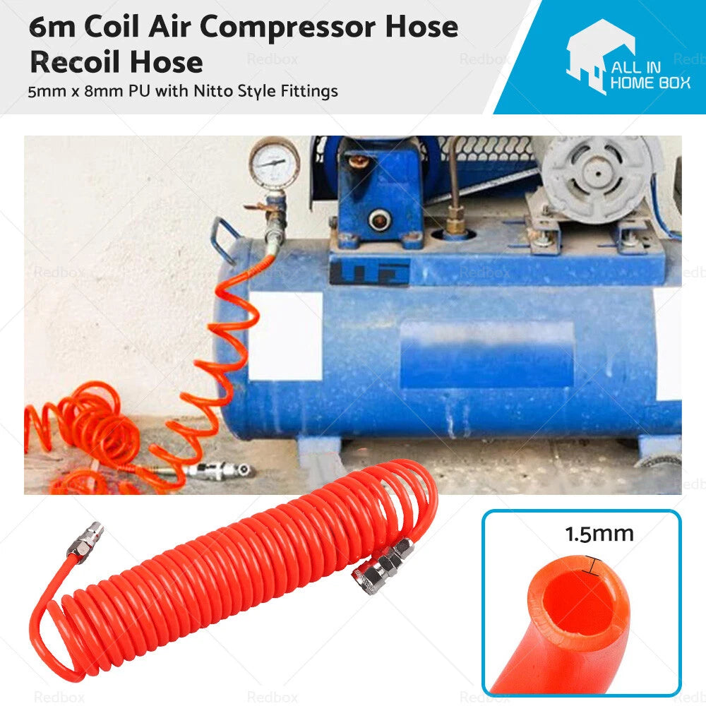 6m Coil Air Compressor Hose 5x8mm PU with Nitto Fittings for
