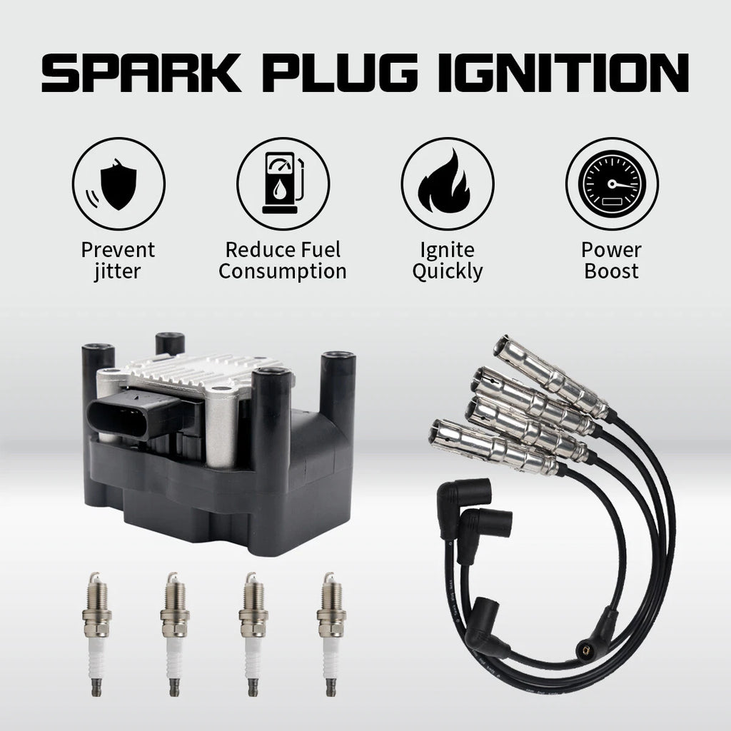Set of 4 Ignition Coils + 4 Spark Plugs + 4 Wires for Volkswagen Beetle Golf (L4 UF277)