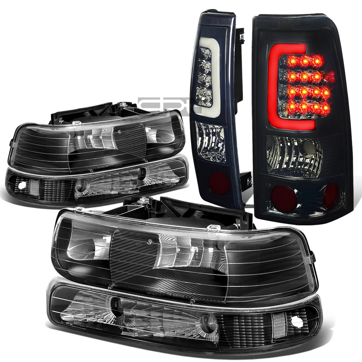Set of 2 Black Headlights + Clear Bumper + 3D Chrome Smoke LED Tail Light for Silverado (1999–2002)