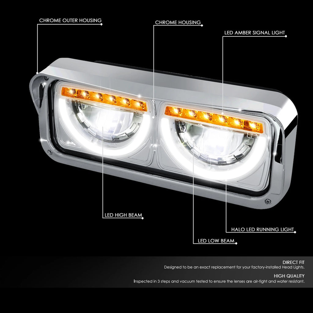Chrome Full LED Halo Ring DRL Signal Headlights for Freightliner Kenworth (1981–2019)