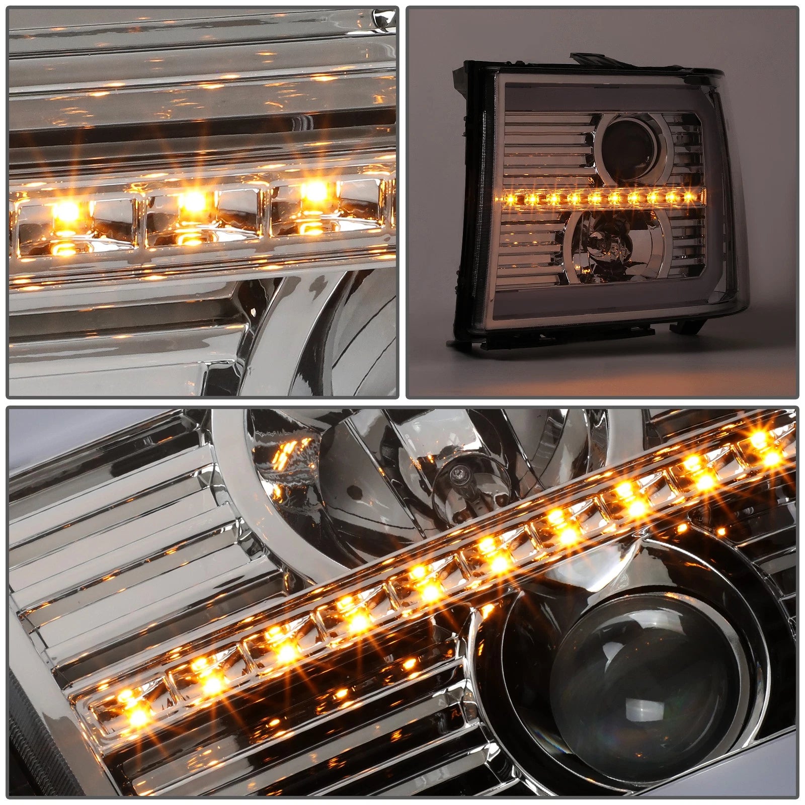 LED Projector Headlight Lamps for GMC Sierra (2007–2014) - Chrome, Sequential Signal