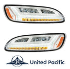 6 LED Headlights Chrome Pair with White Light Bar for Peterbilt 386 (2006–2016)
