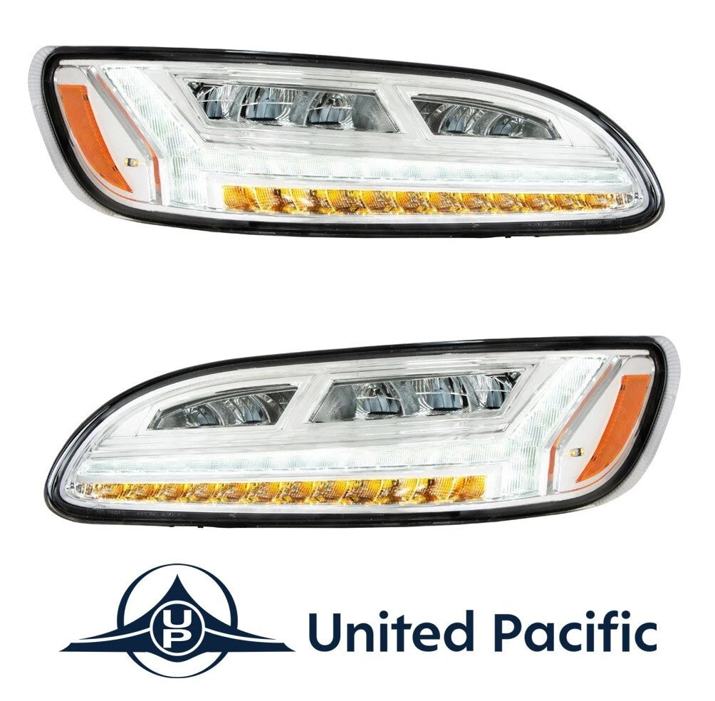 6 LED Headlights Chrome Pair with White Light Bar for Peterbilt 386 (2006–2016)
