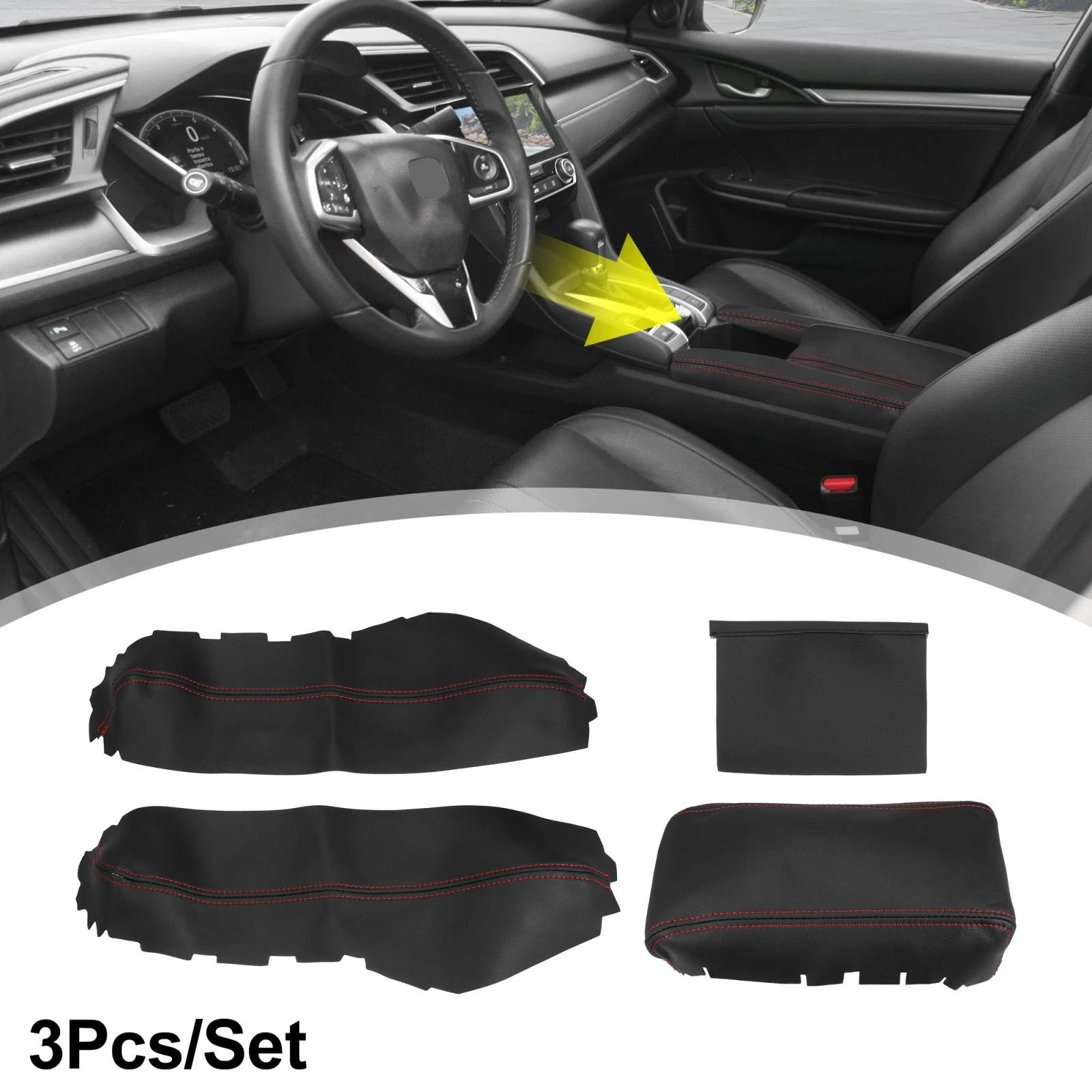 Set of 3 Armrest Covers for Honda Civic (2016–2020) Black Red Line