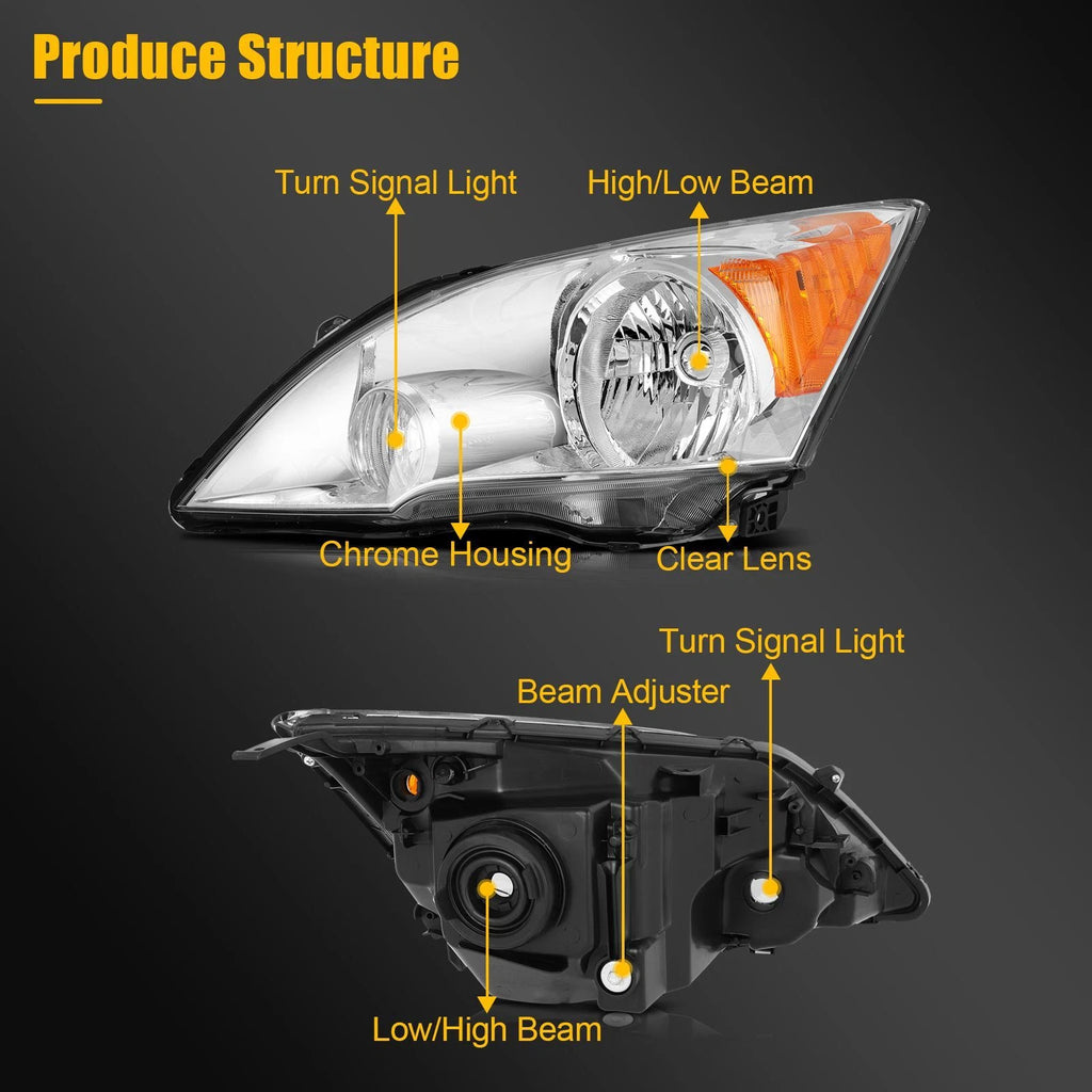 Set of 2 Headlight Assemblies for Honda CR-V (2007–2011) Chrome Replacement