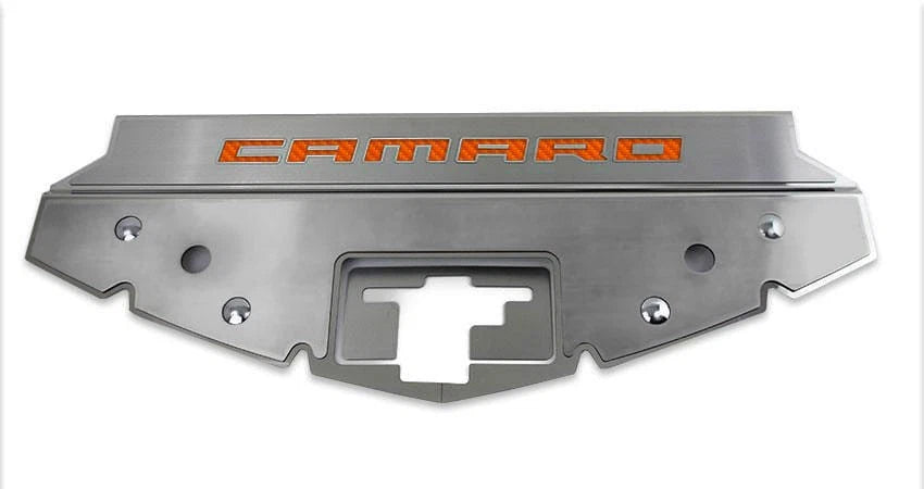 Brushed Front Header Plate w/Orange C-Fiber Vinyl CAMARO Inlay for 16-20 Camaro